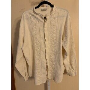 Men Ecology Cotton Mandarin Collar Long Sleeve Shirt Ivory Embroidered XXL